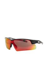Sunglasses with a black frame, red and orange tinted lenses, and silver accents; features an adjustable nose pad for comfort.