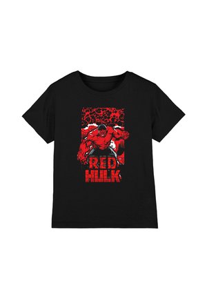 Black t-shirt featuring a graphic of a muscular red character, text "RED HULK" in bold red font, on a black and red speckled background.