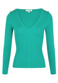 Pull en maille côtelée verte avec col en V, manches longues et accents métalliques aux épaules. Coupe ajustée, texture lisse et design minimaliste.