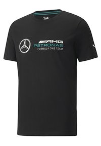 Mustapaita, jossa on pyöreä pääntie, lyhyet hihat, Mercedeksen logo ja teksti "AMG PETRONAS FORMULA ONE TEAM" valkoisena ja teal-värisenä.