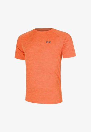 Kurze Ärmel Sportshirt in leuchtendem Orange mit einem strukturierten Muster, ausgestattet mit einem grauen Logo auf der oberen linken Brust.