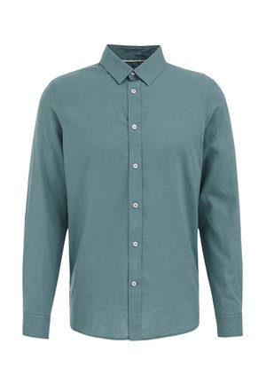 Teal button-up shirt, long sleeves, pointed collar, single chest pocket, and a soft, textured fabric with a smooth finish.