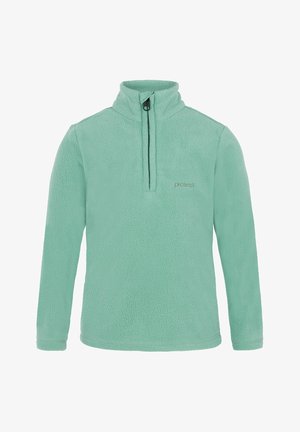 Pullover in pile verde chiaro con colletto alto, chiusura a mezzo zip e texture morbida. Presenta un branding minimale vicino al collo.