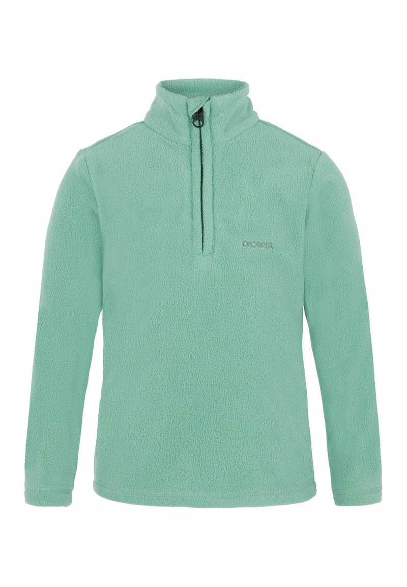 Hellgrüner Fleece-Pullover mit hohem Kragen, halbem Reißverschluss und weicher Textur. Minimalistisches Branding in der Nähe des Ausschnitts.