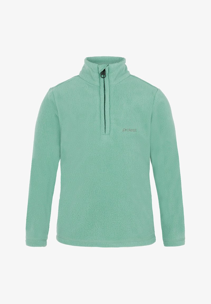 Pullover in pile verde chiaro con colletto alto, chiusura a mezzo zip e texture morbida. Presenta un branding minimale vicino al collo.