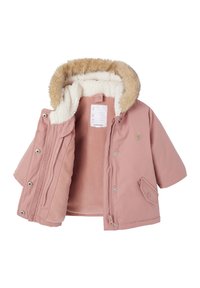 Short pink jacket with a faux fur-lined hood, zip and snap closures, and a soft inner lining. Features a small heart embroidery.