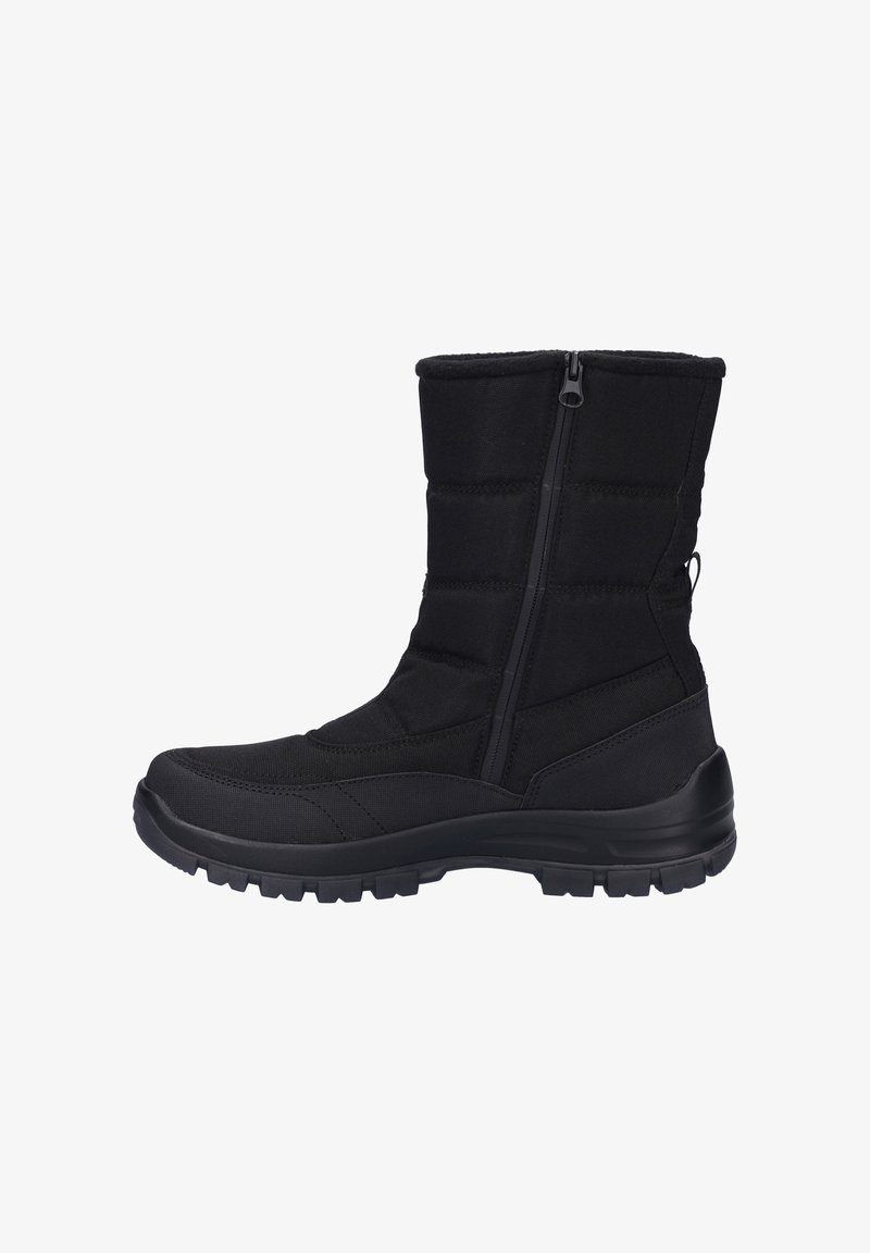 Černé zateplené boty do poloviny lýtek s hladkým textilním svrškem, bočním zipem a drsnou gumovou podrážkou s profilováním pro lepší přilnavost.
