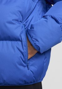 Mėlynas pūkinis švarkas su lygiu paviršiumi, užtrauktuku užsegama kišenė ir elastingomis rankovėmis. Medžiaga turi šiek tiek blizgesio ir paklota raštą.