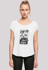 White short-sleeve t-shirt with a round neckline, featuring a black graphic print of a plant and text: "Do Not Feed The PLANTS!"