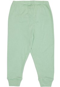 Pantaloni di cotone verde chiaro con vita elastica, gamba affusolata e polsini alle caviglie. Texture liscia, senza motivi o decorazioni visibili.