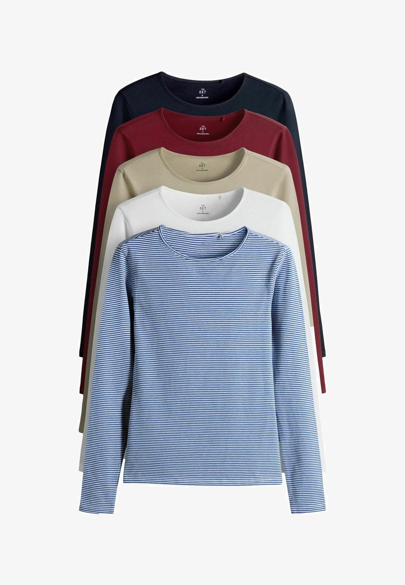 Langærmede skjorter i fem farver: marineblå, bourgogne, beige, hvid og blå med hvide striber. Rund halsudskæring, glat stof og tætsiddende design.