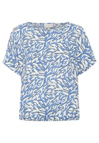 Blusa a maniche corte blu e bianca con motivo a foglie. Realizzata in tessuto leggero, presenta un colletto rotondo e una vestibilità comoda.