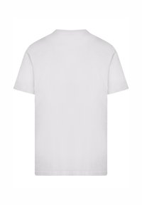 Ein schlichtes weißes T-Shirt mit kurzen Ärmeln, von hinten gezeigt, hat einen runden Halsausschnitt und keine sichtbaren Designs oder Logos.