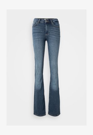 Sinine denimist valmistatud bootcut teksad. Omavad keskmise kõrgusega vööd, viit taskut, tagasihoidlikku tikandit ja kerget kulumismustrit jalgadel.