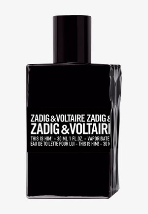Flacon rectangulaire noir d’eau de toilette Zadig & Voltaire This Is Him!, avec un bouchon noir et la mention 30 ml.