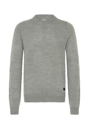 Pevný šedý svetr z měkké pleteniny. Má kulatý výstřih, dlouhé rukávy a žebrované manžety a lem. Jemná textura.