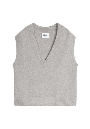Gray cashmere vest with a V-neck, ribbed hem, and no sleeves. Textured knit fabric with subtle variations in shade. Brand label visible.