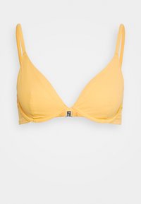 Sutiã amarelo com nervuras, copas triangulares, alças ajustáveis e fecho de gancho nas costas. Textura simples e suave com um design clássico.