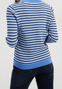 Stickad tröja med växlande blå och ljusblå ränder, rund halsringning och ribbade muddar och nederkant i en slät textur.