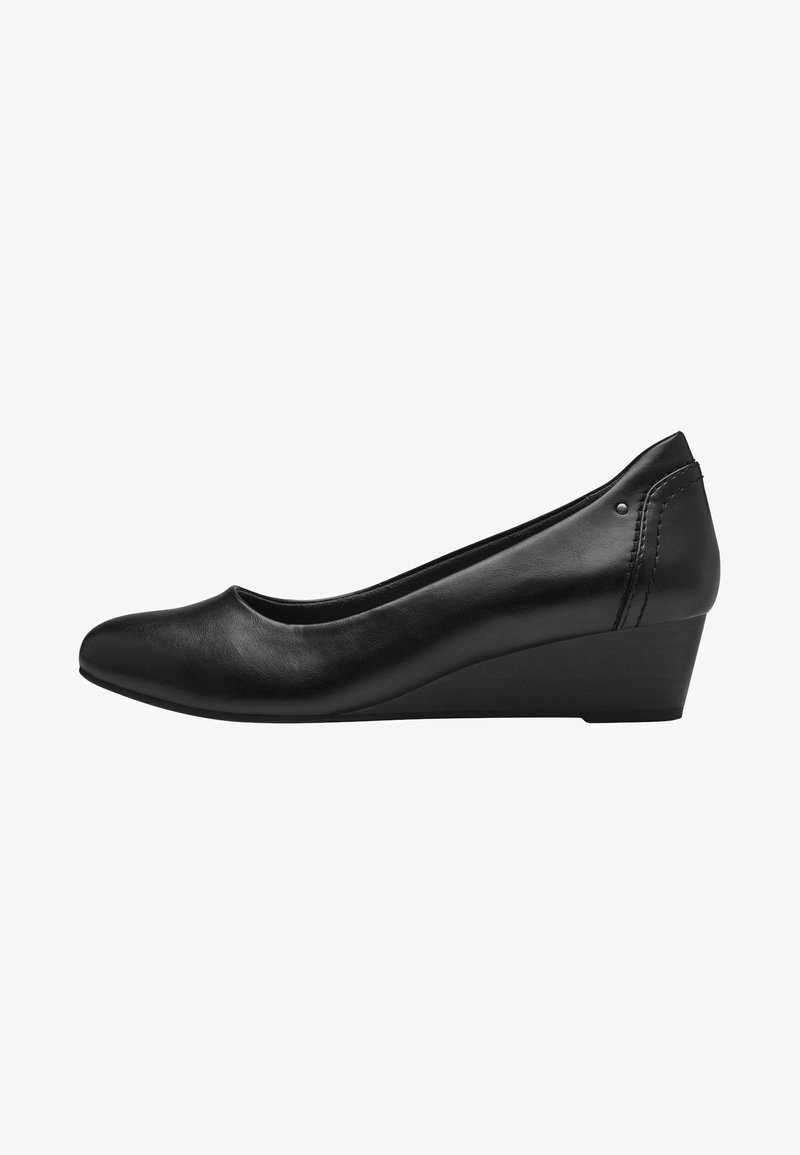Chaussure à talon compensé en cuir noir avec bout arrondi et talon bas, vue de côté sur fond blanc.