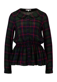 Blouse à carreaux vert foncé et bleu marine, boutonnée, manches longues, rayures rouges, col arrondi et taille froncée créant une silhouette péplum.
