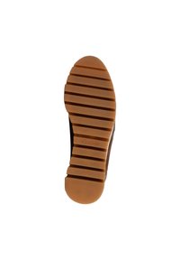 Semelle de chaussure marron avec une surface en caoutchouc texturé, présentant des rainures horizontales pour l'adhérence et un petit logo en relief "Gabor."