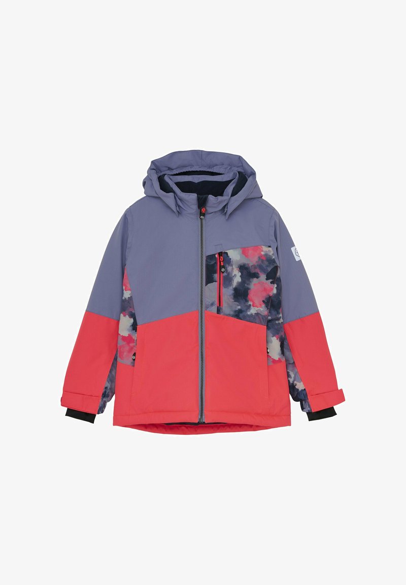 Farbblockierte Jacke mit einer lila Kapuze und Ärmeln, einem korallenfarbenen Körper und einer gemusterten Tasche. Hergestellt aus strapazierfähigem Material mit einem Reißverschluss.