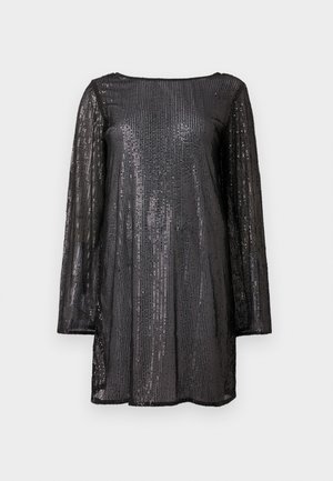 Black sequin tunic dress with long sleeves, featuring a round neckline and a loose, straight silhouette. Glossy texture with horizontal stripes.