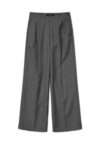 Pantalon gris à jambes larges avec plis et poches latérales, posé à plat sur un fond blanc.