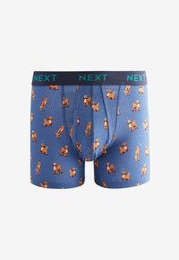 Herrenslip-Boxershorts aus blauer Baumwolle mit einem gemusterten Design von braunen Hunden auf einem strukturierten Hintergrund. Elastischer Bund mit "NEXT"-Aufdruck.