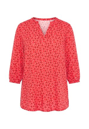 Rote Langarmbluse mit kleinen schwarz-weißen Herzmustern, elastischen Bündchen und V-Ausschnitt mit Schlitz.