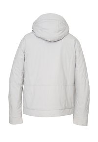 Giacca imbottita grigia chiara con cappuccio staccabile, caratterizzata da una superficie liscia, cuciture a vista e un design dritto.