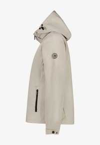 Lichtbeige waterdichte jas met capuchon, voorzien van zwarte ritsen, een ronde logo op de mouw en een strakke, minimalistische uitstraling.