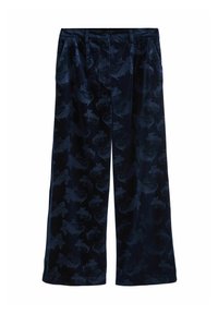 Pantaloni largi din catifea de culoare albastru închis, cu un model complex de frunze tonale și pliseuri la talie, având închidere cu nasture și buzunare laterale.