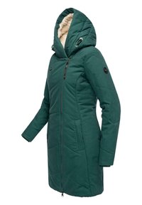 Zilas kapucis pūkains mētelis ar mākslīgās kažokādas oderi, ar rāvējslēdzējiem priekšā, sānu kabatām un teksturētu, izšūtu audumu. Akcentēts ar zīmola detalizāciju.