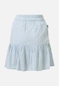 Jupe à rayures verticales bleu clair et blanc avec ourlet à volant froncé et taille élastique.