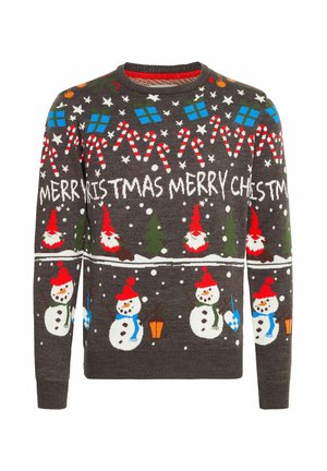 Dark grey Christmas sweater featuring colorful snowman, peppermint, and holiday themes with round neckline and soft knit texture.
