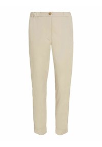 Pantaloni beige realizzati in tessuto leggero, dotati di chiusura a bottoni, vita elastica e design a gamba affusolata.