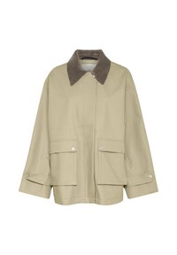 Veste beige avec un col en velours côtelé marron, deux poches avant et des accents à boutons-pression. Présente une coupe droite et des manches longues.