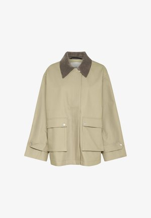 Beige jacket with a brown corduroy collar, two front pockets, and snap-button accents. Features a straight cut and long sleeves.