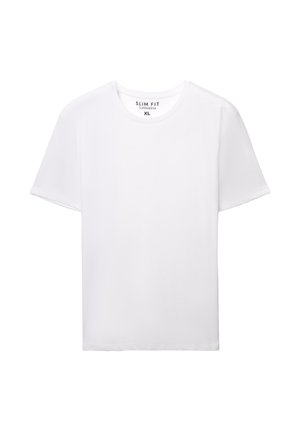 Biała, dopasowana koszulka z krótkim rękawem, wykonana z bawełny, z okrągłym dekoltem, z metką wewnątrz informującą o marce i rozmiarze.