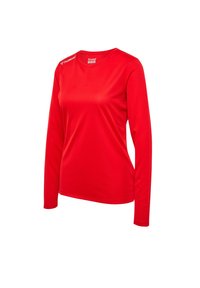 Rode sportshirt met lange mouwen van gladde, ademende stof. Heeft een ronde hals en bevat het merkembleem op de linker schouder.