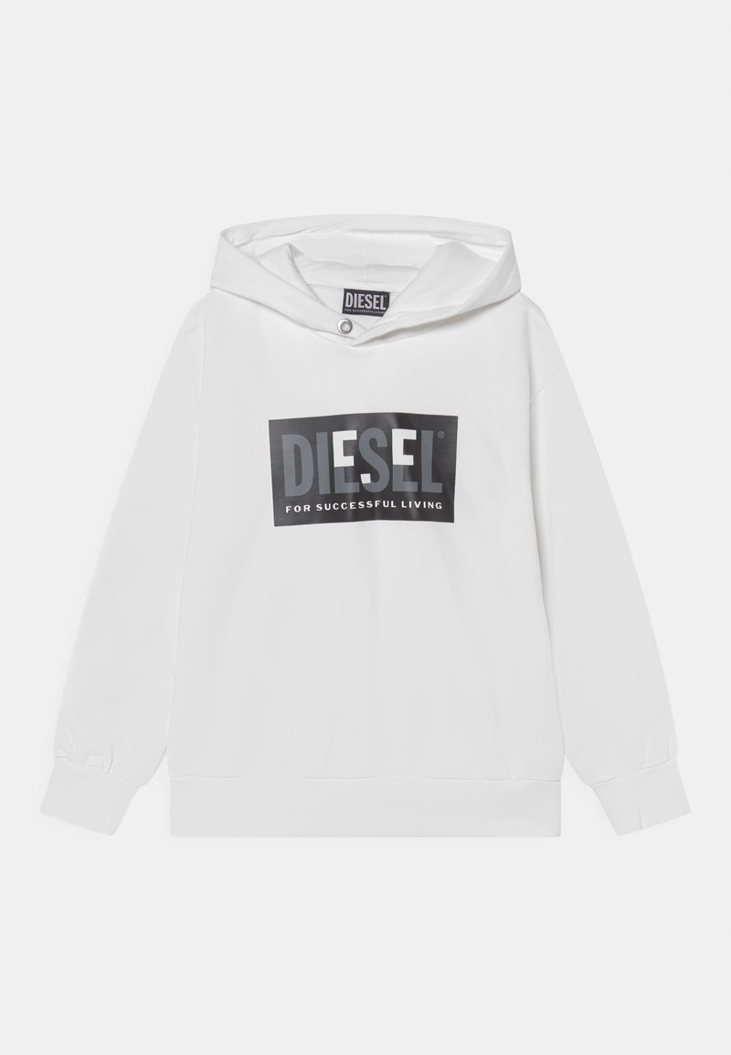 White hoodie made of cotton with a large black rectangular logo reading "DIESEL FOR SUCCESSFUL LIVING" on the front. Features a drawstring hood.