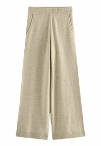 Beige wijde broek met een geribde tailleband, zijzakken en een zachte textuur. De stof lijkt lichtgewicht en comfortabel.
