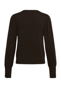 Pull à manches longues marron foncé col rond, poignets côtelés et léger détail froncé aux épaules, vu de dos.