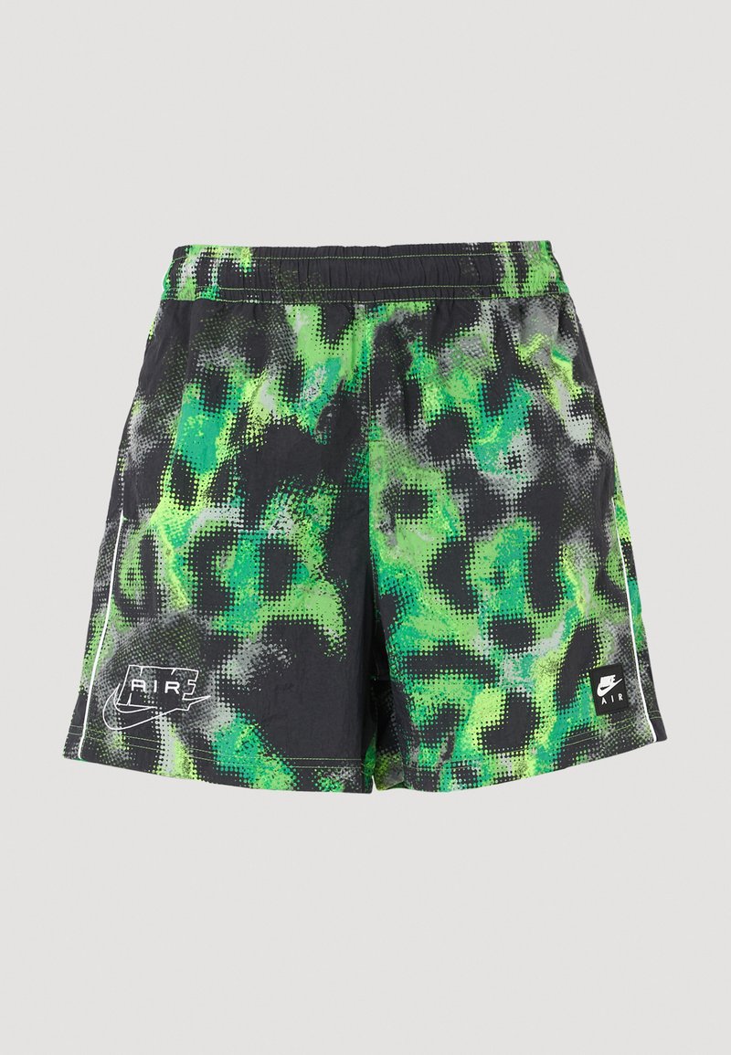 Black and green graphic shorts featuring a dotted pattern, elastic waistband, and small white logo detail at the hem.