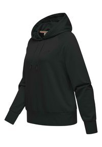 Black hoodie with a drawstring hood, raglan sleeves, and a ribbed hem. Features a subtle logo on the chest and textured interior lining.