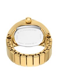 Montre en acier inoxydable doré avec un boîtier rectangulaire et un bracelet à maillons. Elle dispose d'une couronne texturée et d'un fond transparent avec des détails gravés.