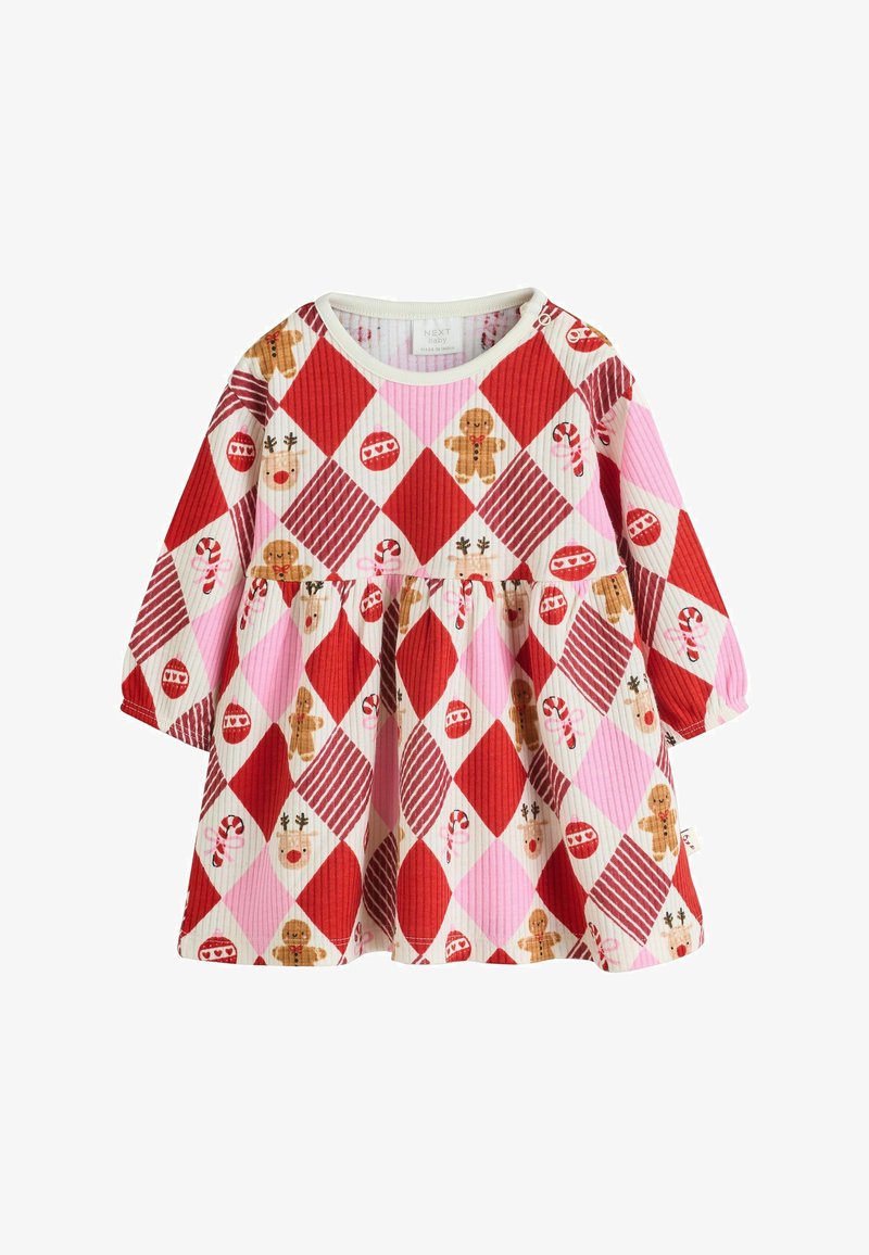 Babykleid mit langen Ärmeln, das mit einem roten und rosa Rautenmuster verziert ist, geschmückt mit Lebkuchenmännern, Rentieren, Zuckerstangen und Ornamenten.