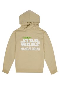 Hoodie beige con un grande logo bianco "STAR WARS" e una grafica di un personaggio verde da "The Mandalorian" sul davanti. Materiale in cotone.